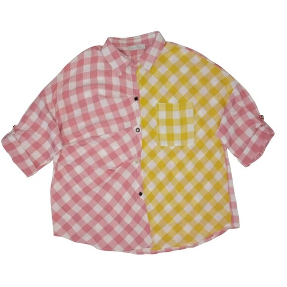 Atikshop Button-Up Shirt Pink & Yellow Gingham Colorblock Front Pocket Womens - Picture 1 of 13